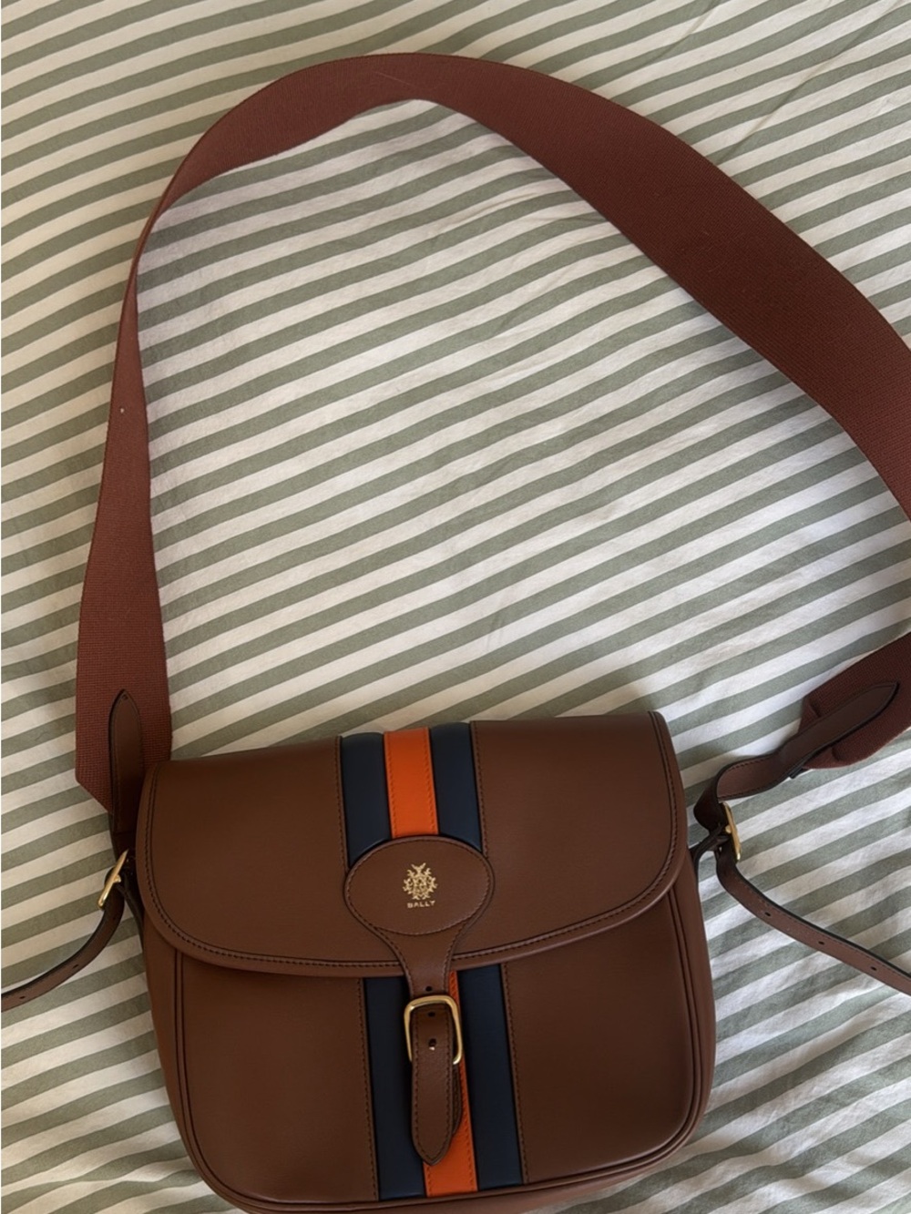 Bally Brown Leather Crossbody Bag with Navy and Orange Stripes